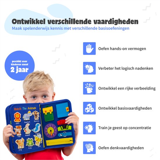 MontiPlay® Montessori Toys - Jouets sensoriels - Tableau d'activités - Tableau d'occupation - Livre d'activités Montessori pour la maison - Educatif - Jouets sensoriels - Bleu