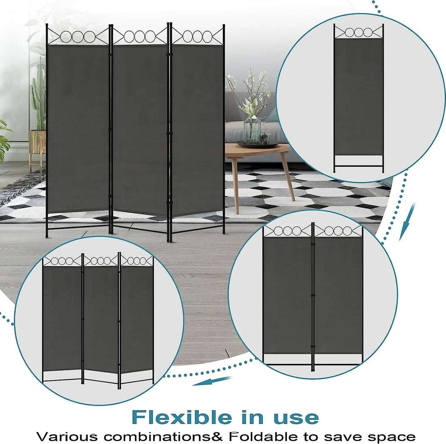 Woltu Paravent Space Divider 3-Piece Folding - Dark Grey - 167 x 172 cm - Freestanding Privacy Wall for Indoor & Outdoor use
