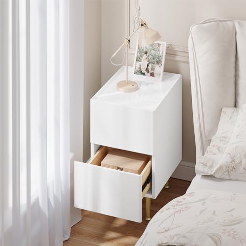 Woltu Table de nuit avec 2 tiroirs High Gloss - Bois PVC + Métal Blanc + Or - 30 x 40 x 51 cm