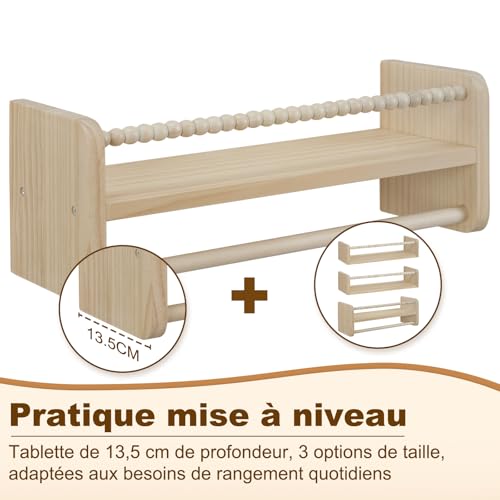 Woltu 3 étagères murales pour enfants - Bois massif - 40 cm - Avec perles en bois - Sûr et pratique