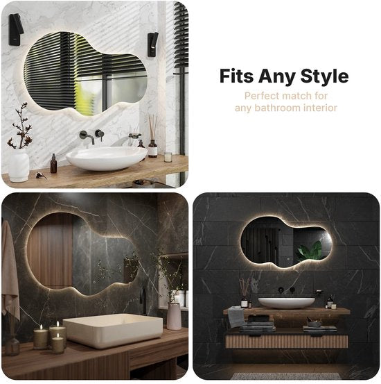 Miroir de salle de bains Mirlux avec éclairage LED et chauffage – Miroir mural asymétrique – Miroir de douche anti-buée – Sans cadre – 120 x 70 cm