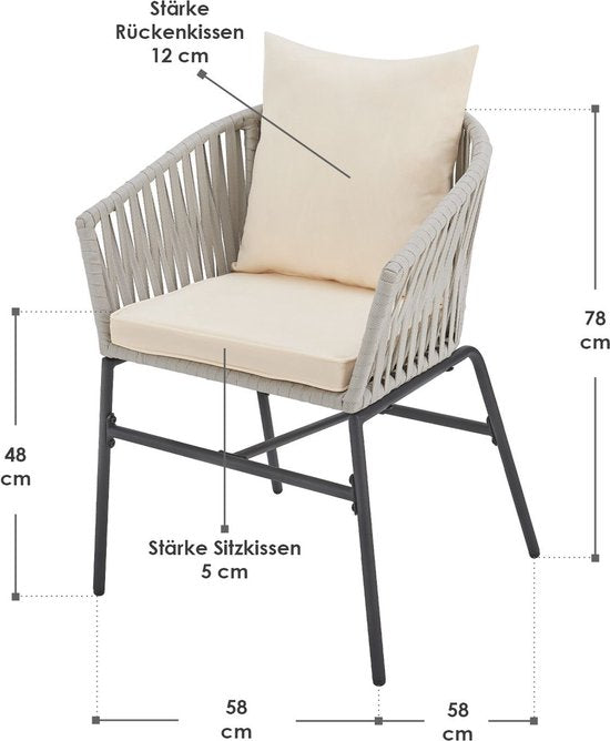 2 Chaises de jardin avec filet en corde - Gris clair - Coussins d'assise et de dossier inclus