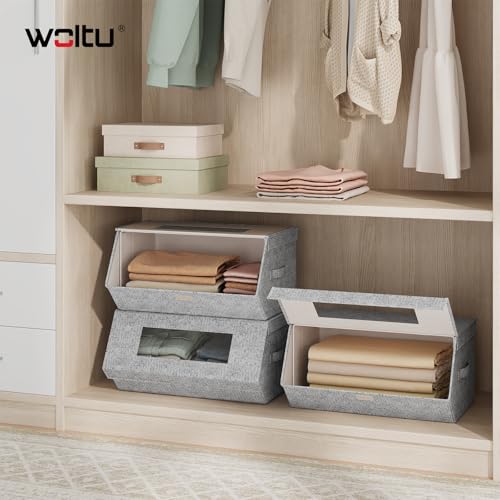 Woltu Boîtes de rangement empilables avec couvercle Gris et Beige 50x25x35 cm Lot de 3
