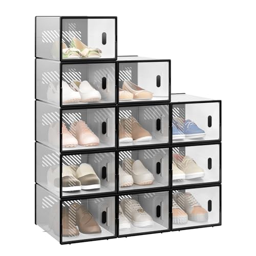 Woltu Lot de 12 boîtes de rangement à chaussures transparentes empilables avec façade - 35 x 25 x 19 cm