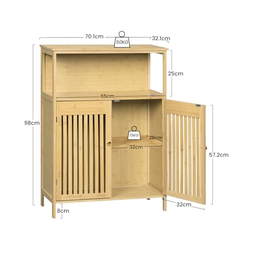 Eugad Armoire de salle de bain avec 2 portes à lamelles et étagères réglables - Couleur bambou 70 x 98 x 32 cm