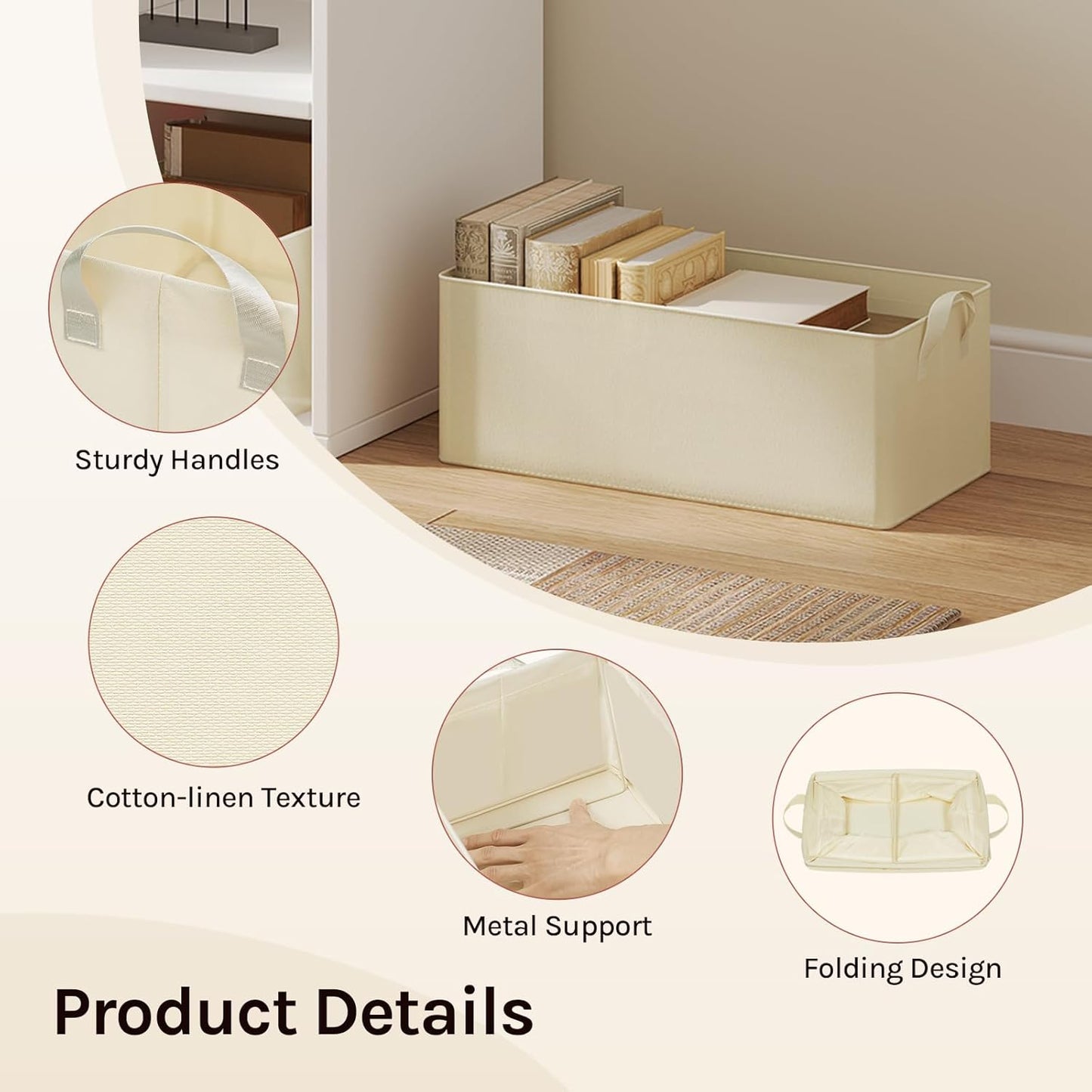 Woltu Lot de 3 boîtes de rangement pliables avec poignées - Crème - 47 x 28 x 20 cm