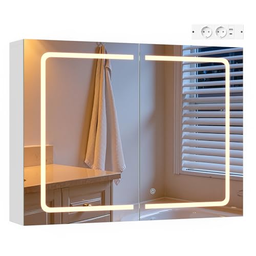 Armoire de toilette Eugad avec miroir LED et lumière tactile - Blanc - 80 x 14,5 x 60 cm