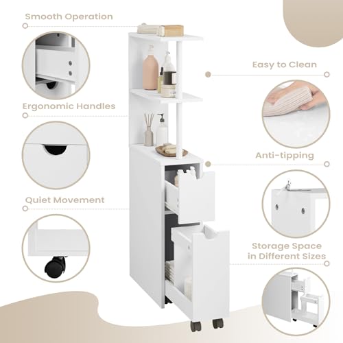 Eugad Meuble de salle de bain étroit avec tiroirs et étagère réglable - MDF blanc - 45 x 19 x 113 cm