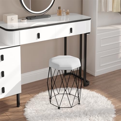 Woltu Tabouret de coiffeuse - Siège en velours tapissé - Structure en métal blanc/noir - 30 x 30 x 44 cm