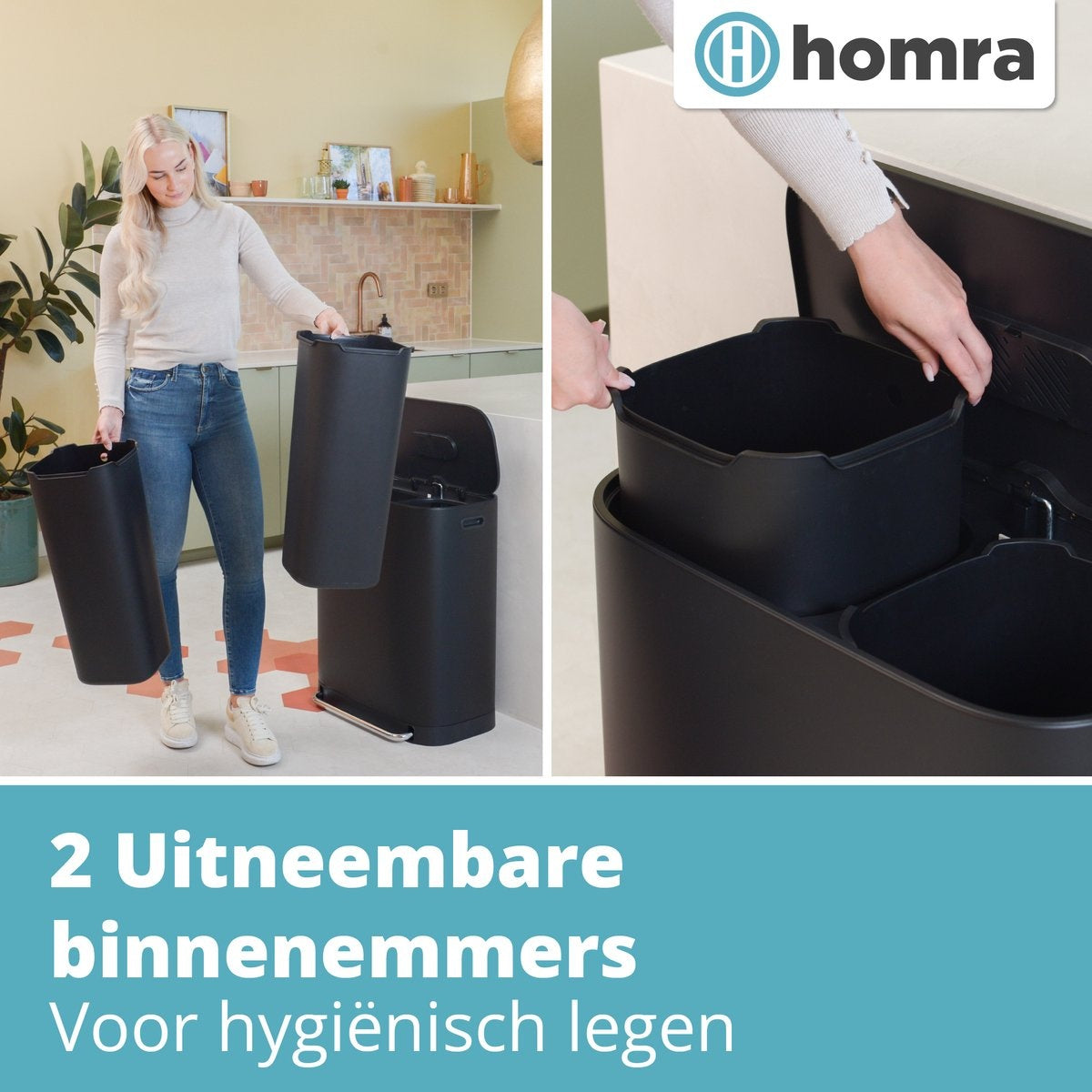 Homra Poubelle à double compartiment 60L  - Pédale en métal - filtre anti odeurs -2x30L - Noir