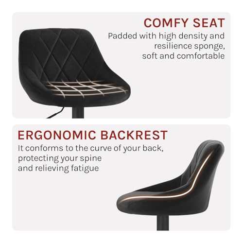 Woltu Tabouret de bar Structure en métal et tapisserie en velours noir - pivotant et réglable BH219sz-1