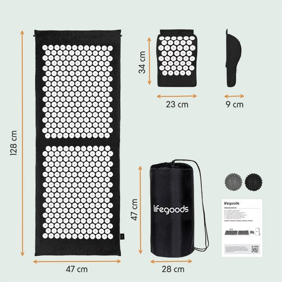 LifeGoods Tapis d'acupression XL - avec coussin - Tapis Shakti - Tapis pour ongles avec 2 balles pour points de déclenchement - 128x48x2cm - Noir/Blanc