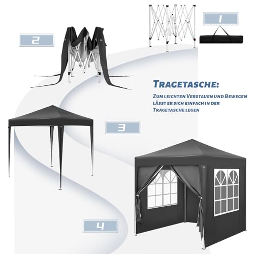 Woltu Pavillon pliant 2 x 2 m avec 6 parois latérales - Hydrofuge, protection UV 50+, hauteur réglable, anthracite