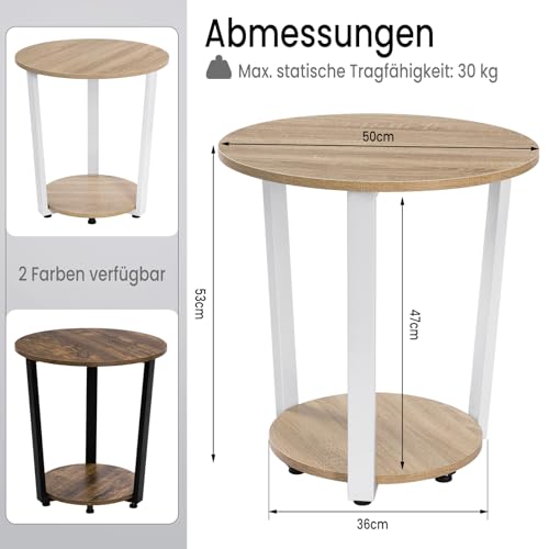 Woltu Round Coffee Table BTS13hei - Light Oak - 50x53x50 cm - With 2 Storage Racks - Stable Metal Frame - Modern and Compact