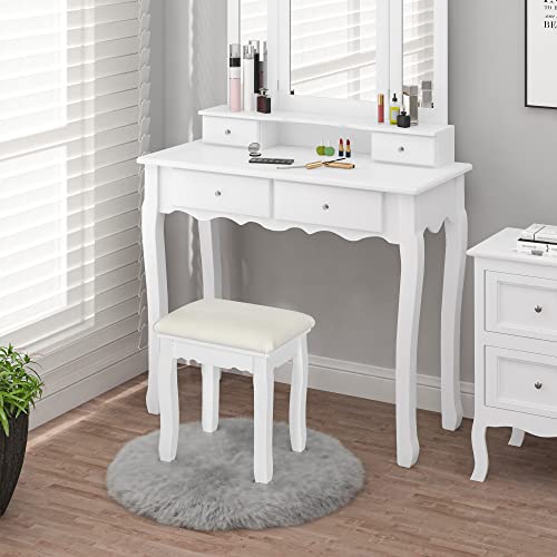 Woltu Make-up Stool Baroque - Tabouret en bois recouvert de velours blanc - 37 x 28 x 44.5 cm