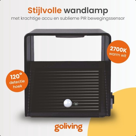 Goliving Wall Lamp Rechargeable - Lampe murale d'intérieur - Sans fil - Avec détecteur de mouvement - USB-C - 4400 mAh - Lumière blanc chaud - 10 x 10 x 10 cm - Noir