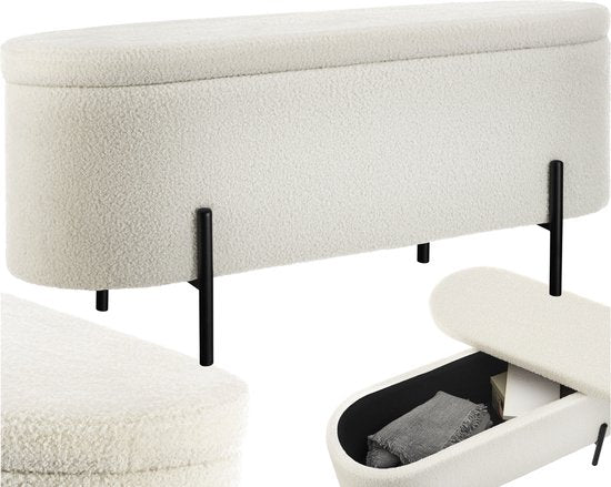 tectake® Banc avec rangement - Boîte de rangement rembourrée - Boîte d'assise avec rangement, rembourrée - Tissu Bouclé style scandinave - 97x36x42cm - blanc crème