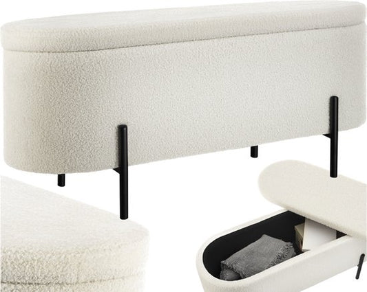 tectake® Banc avec rangement - Boîte de rangement rembourrée - Boîte d'assise avec rangement, rembourrée - Tissu Bouclé style scandinave - 97x36x42cm - blanc crème