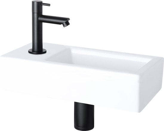 Differnz Helios Fountain Set - Robinet à gauche - Vasque céramique blanche - Robinet droit - Noir mat - Poignée standard - 37,5 x 18,5 x 9,5 cm