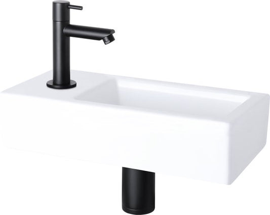 Differnz Helios Fountain Set - Robinet à gauche - Vasque céramique blanche - Robinet droit - Noir mat - Poignée standard - 37,5 x 18,5 x 9,5 cm