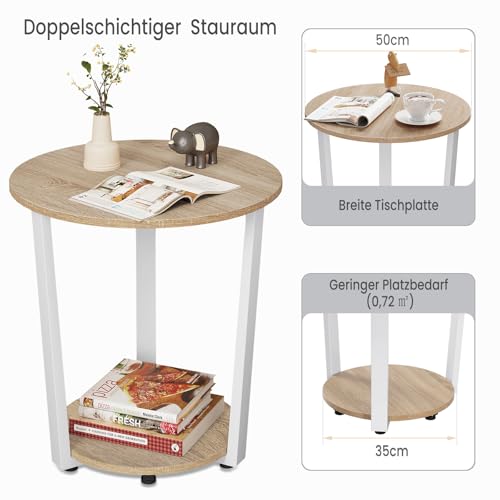 Woltu Round Coffee Table BTS13hei - Light Oak - 50x53x50 cm - With 2 Storage Racks - Stable Metal Frame - Modern and Compact