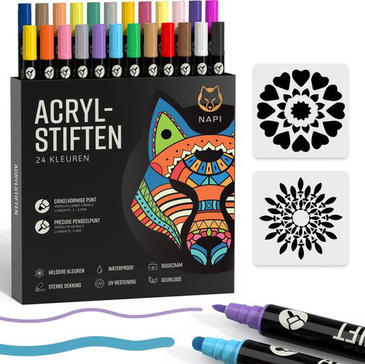 NAPI 24 marqueurs acryliques Dual Tip - Twinmarkers - Marqueurs peinture Happy Stones - Peinture sur pierre avec marqueurs peinture acrylique - Adultes et enfants - 2 modèles de mandala inclus
