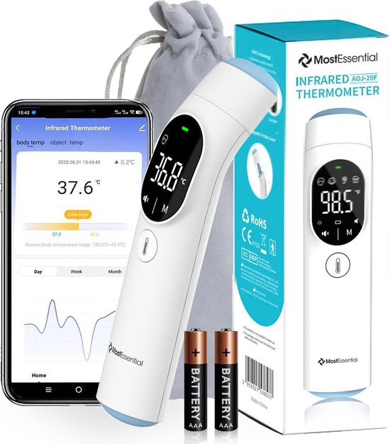 MostEssential Thermomètre infrarouge PRO Edition - Thermomètre auriculaire - Thermomètre de fièvre - Thermomètre frontal - Thermomètre corporel - Thermomètre de fièvre pour adultes, enfants et bébés - Sans contact - 20F