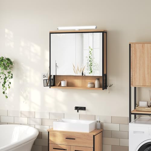 Eugad Armoire de toilette avec miroir et éclairage Chêne clair noir 70x70x14.5 cm