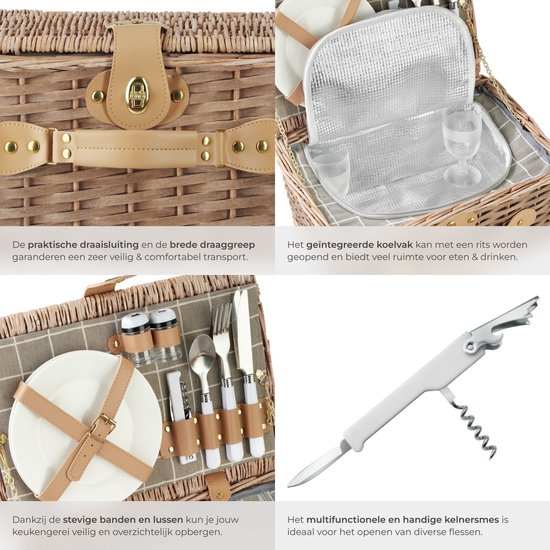 tectake® complete Picnic Basket Set Ameland - Luxury 13-piece Picnic Set for 2 - Wicker Picnic Basket - Includes Cooler, Set with Plates, Plastic Wine Glasses and Stainless Steel Cutlery