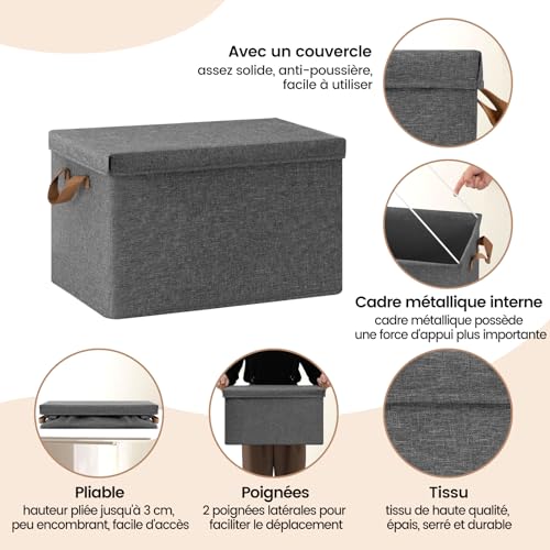 Woltu Storage Boxes Set of 5 - Grey Foldable Boxes with Lid and Handles - Fabric Storage Baskets 43 x 26 x 33 cm