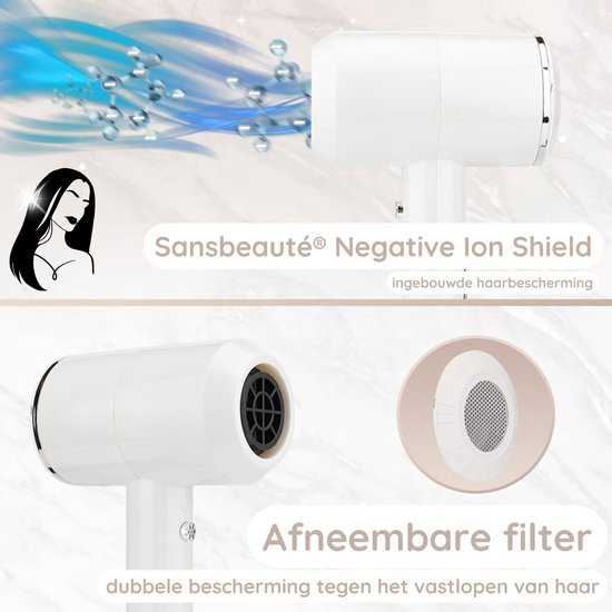 Sansbeauté® Hair Dryer with Diffuser - Ionic Hair Dryer - Brush - Travel Hair Dryer - 3 Attachments - Curls - Coolshot - 3 Stages - Hair Dryer with Diffuser - Hair Dryer - 2000W - White