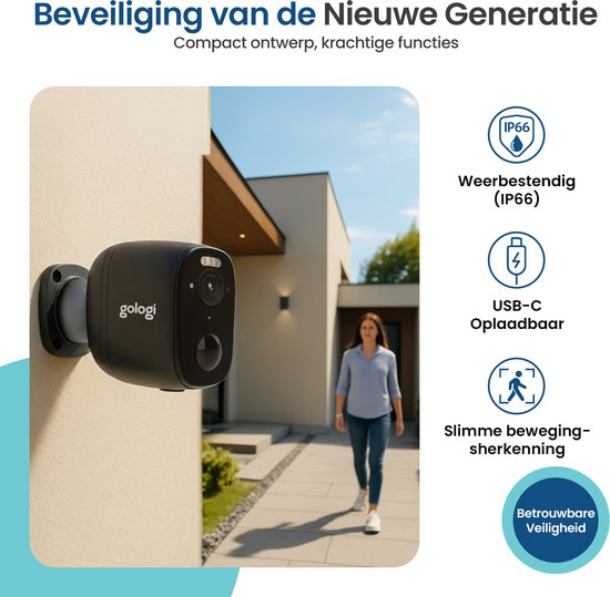 Caméra de sécurité sans fil Gologi pour l'extérieur et l'intérieur - Caméra de surveillance avec batterie 5200 mAh - Rechargeable via USB-C - Vision nocturne - Détection de mouvement - Fixation magnétique - Caméra HD 5 MP avec Wi-Fi et application - Camér