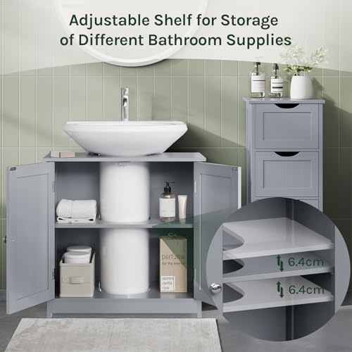 Woltu Meuble de salle de bain BZS02gr - Gris MDF - 60x60x30 cm - Rangement spacieux avec étagère réglable