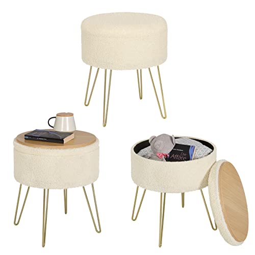 Woltu Tabouret de rangement rond - Blanc crème - Ø39 x 44 cm - Tabouret élégant avec espace de rangement