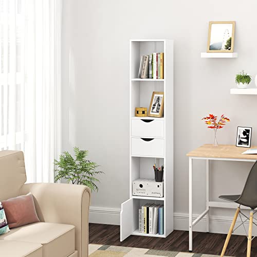 Woltu Bookcase SK028ws Modern - Armoire verticale en bois avec 3 compartiments ouverts, 2 tiroirs et 1 placard - Blanc - 30 x 24 x 158 cm