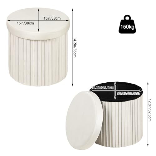Tabouret de rangement Woltu avec couvercle - Crème velours - Ø38 x H36 cm