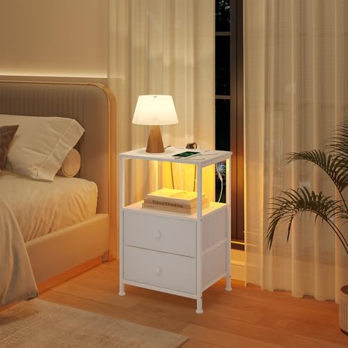 Table de nuit Woltu avec station de recharge et éclairage LED - Blanc - Lot de 2