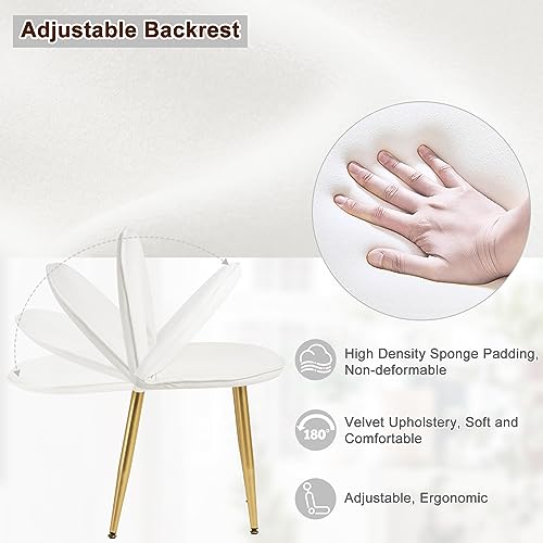 Woltu Make-up Table MB6105ws avec tabouret et miroir LED - Bureau de maquillage en bois avec éclairage réglable, 3 tiroirs, siège en velours avec dossier - blanc, crème et or - 100x40 cm