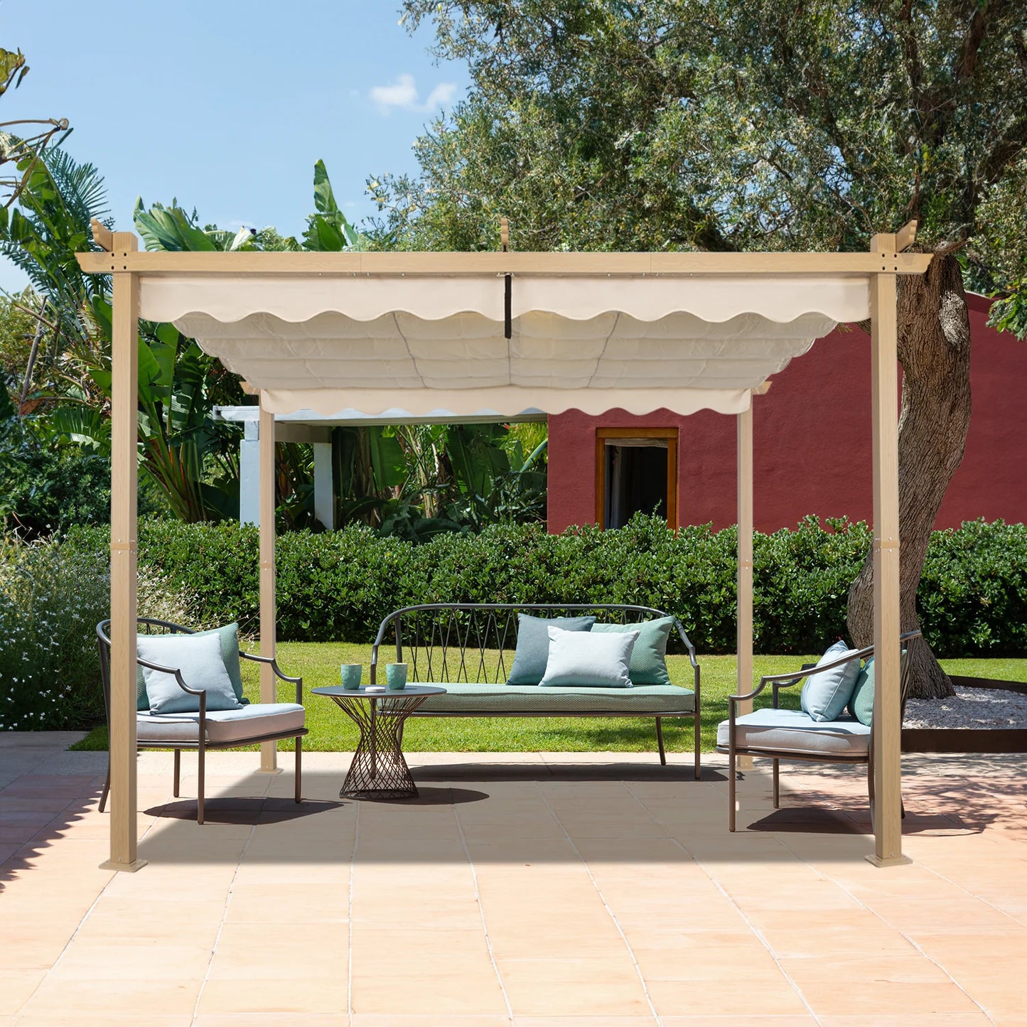 Pergola Angel Living en aluminium 3 × 3 m, jaune crème – Toit rétractable UV50+, tubes de toit en acier, revêtement par poudrage