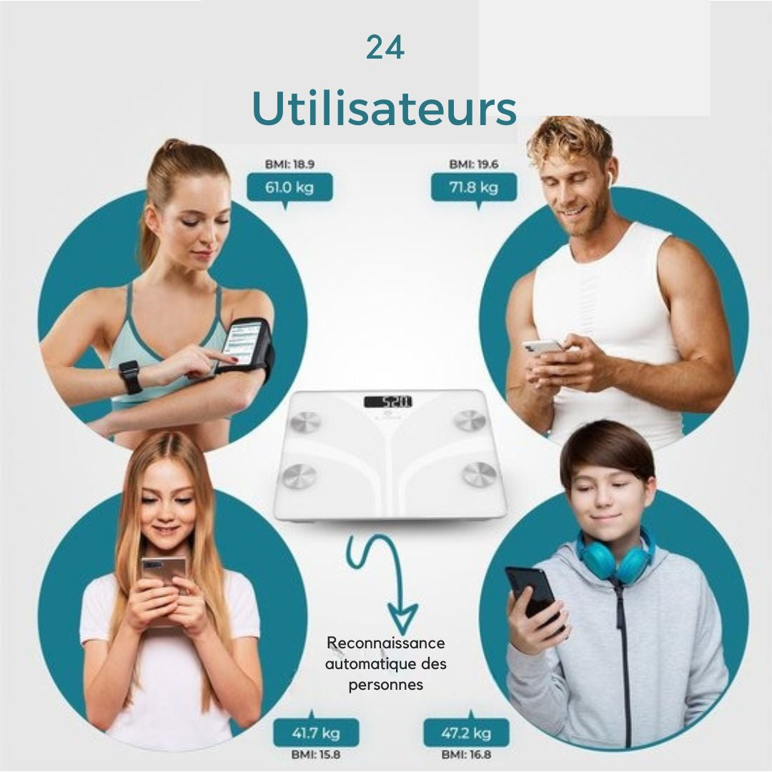 Pèse-personne numérique e.volve - Balance intelligente avec analyse corporelle - App. incluse - blanc