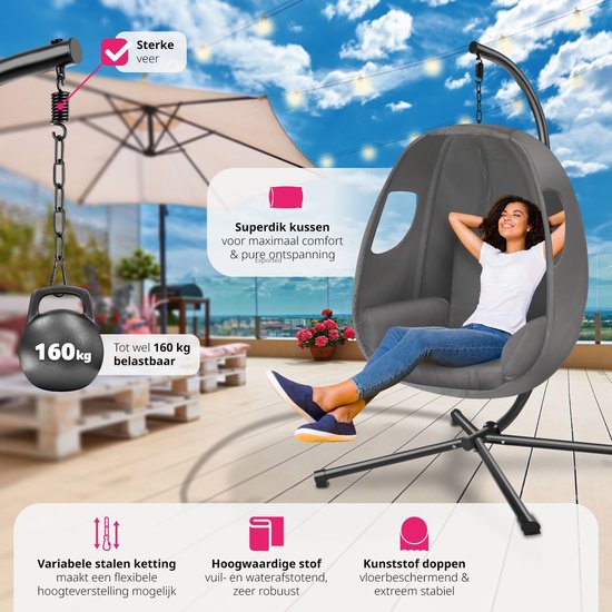tectake® Chaise suspendue avec cadre - Chaise à bascule avec coussin + coussin de dossier - Meuble de salon ou de chambre - Meuble de balcon - Intérieur ou extérieur - Jusqu'à 160kg - Anthracite