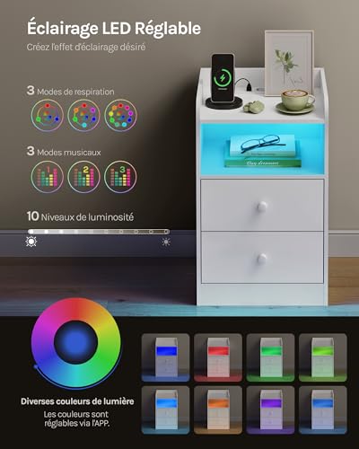 Woltu Table de nuit avec station de recharge et éclairage LED blanc 40x35x64 cm