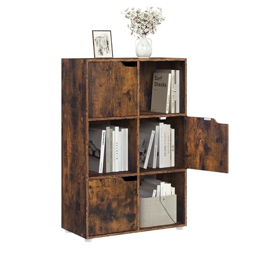 Woltu Bibliothèque SK001vbn 6 compartiments avec portes - Armoire en bois brun rustique - 59,7 x 29 x 91 cm