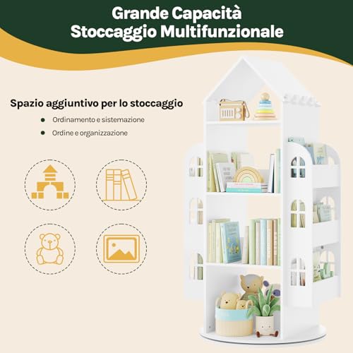 Woltu Bibliothèque pour enfants blanche à 4 niveaux avec 2 étagères de rangement latérales Forme de la maison 63 x 59 x 125 cm