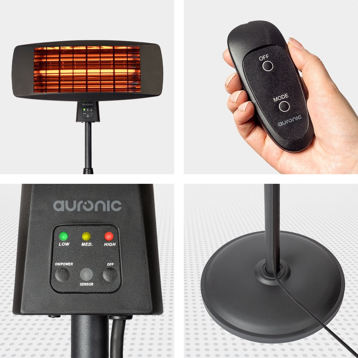 Chauffage de terrasse - Auronic -  Électrique - 2000W - Télécommande incluse - 3 niveaux - Noir