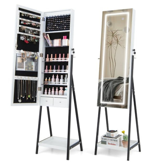 Armoire à bijoux avec miroir - Coast - LED - Blanc/Noir - 3 piles AA - 41x35x160 cm