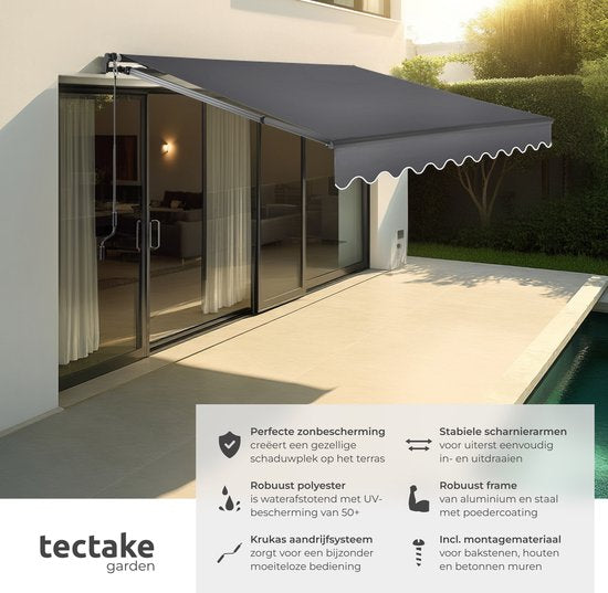 tectake® Sunshade with Articulated Arm - 250 x 200 cm - Store - Protection solaire pour fenêtre, balcon, extérieur - Fixation murale - Résistant à l'eau et aux UV - Gris foncé