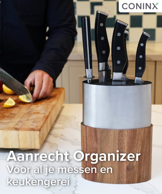 Bloc à couteaux Coninx Saporo - Porte-couteaux universel en bois et acier inoxydable - Support à couteaux sans couteaux - Porte-couteaux de cuisine en bois d'acacia