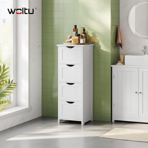 Woltu Bathroom Cabinet BZS07ws with 4 Drawers - MDF White - 30 x 30 x 82 cm Freestanding Storage Cabinet
