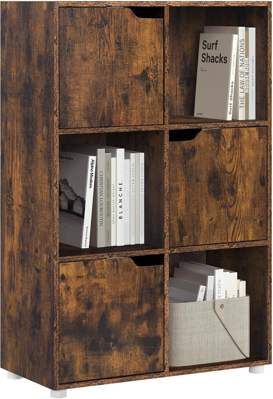 Woltu 6-Drawer Bookcase with Doors - Rustic Brown - 59,6 x 29 x 91 cm - Meuble de rangement avec 6 compartiments pour le salon, le bureau et la chambre à coucher